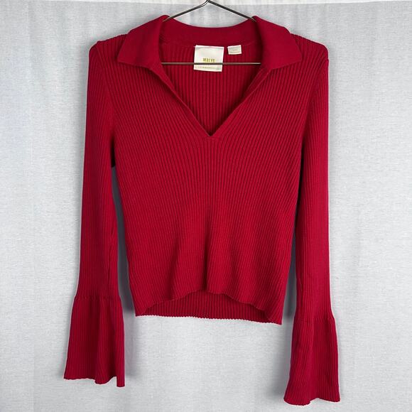 Anthropologie Maeve Sweater Red Bell Sleeve Polo Old Money Artsy Winter Holiday - Picture 1 of 6